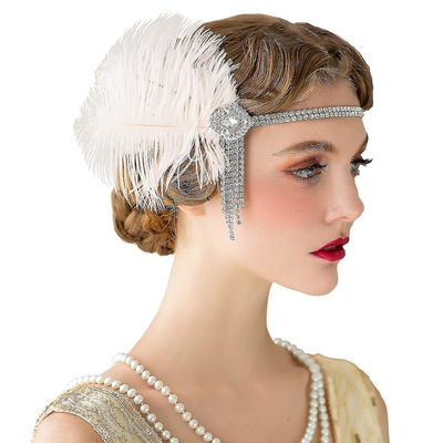 Bxs Flapper Headbands Womens 1920-tal Huvudstycke Stor Gatsby Inspirerade Fjäder Headband Cocktail Party Rhinestone HårAccessoarer