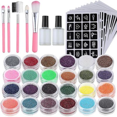 Island glitter tatovering sett, ny glitter tatovering kit med 24 store glitter rør &125 sjablonger & 2 lim & 5 børster, midlertidige tatoveringer f...