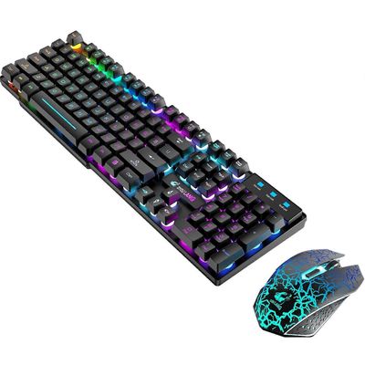 Langaton pelinäppäimistö ja -hiiri, 87 näppäintä, ladattava sateenkaarenvärinen LED-taustavalo, 3000 mAh akku PC-pelaajille