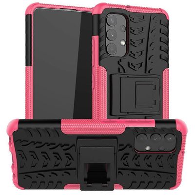 Samsung Galaxy A32 4G -renkaan tekstuuri iskunkestävä TPU + PC-suojakotelo pidikkeellä (punainen) Vaaleanpunainen