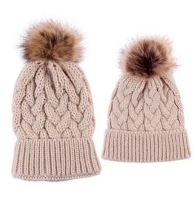 Handuo 2 Pack Forældre-barn Hat Varm Strik Pom Pom Beanie khaki