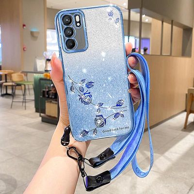 Tpu-suojus Oppo A16/A16s/A54s:lle, Glitter Rhinestone Decor Flower Design -kotelo hihnalla Sininen