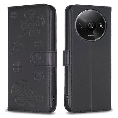 Xiaomi Redmi A3 Case Lucky Clover nahka Flip puhelimen kansi - musta Xiaomi Poco C61 4G
