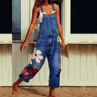 Womenins Denim Jeans Hagesmæk Bukser Casual Button Solid Long Rompers Jumpsuits Blå M