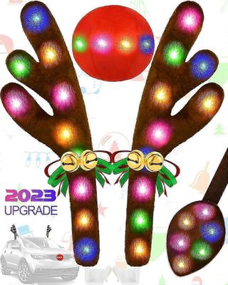 Joulun poronsarvet auton sisustussarja IP44 vedenpitävä LED monivärinen, 50LED kaksipuoliset valot jingle kelloilla Rudolph, auto loma lisävaruste