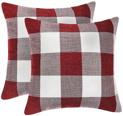 Linkrunning Sæt med 2 Farmhouse Buffalo Check Plaid Throw Pudebetræk Pudebetræk Polyester Linned til jul Home Decor rød og hvid, 18 x 18 inches