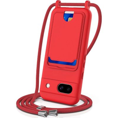 Google Pixel 8a -kotelossa nestemäinen silikonikortin pidike puhelimen takakansi kaulanauhalla - punainen Monivärinen Red