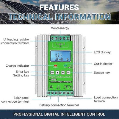 1500w tuuli-1200w aurinko (valinnainen) hybridilatausohjain 12v / 24v / 48v mppt-tehostuslataussäädin LCD-näytöllä ja vapaalla tyhjennyskuormalla t...
