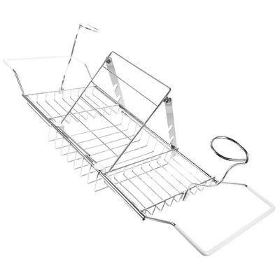 Ruostumaton kylpyammetarjotin kylpyammetelineiden päällä Sisäänvedettävä suihkun järjestäjä, jossa on jatketut sivut viinin ja pyyhkeiden pitämiseen