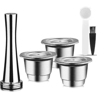 Kapsler gjenbrukbare, rustfritt stål, 3 stykker påfyllbare pads For Nespresso + 1 Tamper + 1 skje + 1 Sølv