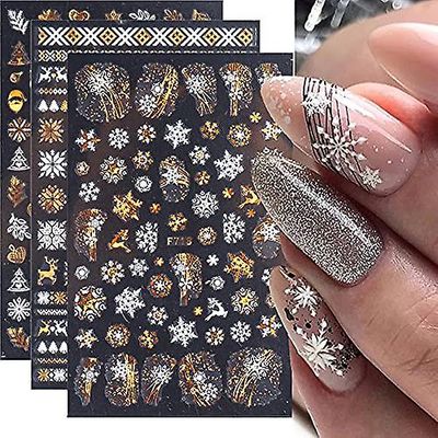Linkrunning Snowflake Nail Art Klistermærker Decals Christmas Laser Bronzing 3D selvklæbende negledekorationer Tilbehør Romantisk vinter snefnug El...