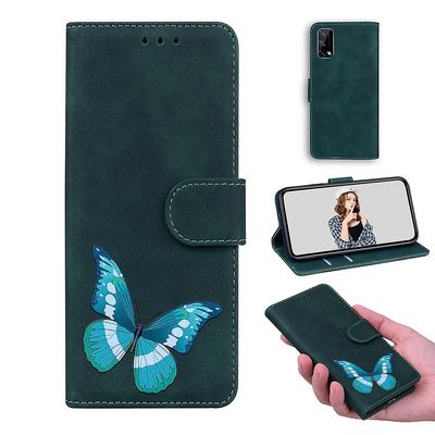 Etui til Realme Narzo 30 Pro 5g / V5 5g Butterfly Cover Premium Læder Magnetisk- Pink Grøn