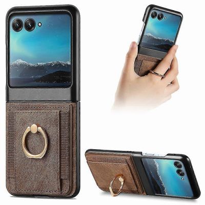 Motorola Razr 50 Ultra -lompakkokotelolle, PU-nahkainen iskunkestävä suojakotelo kortinpidikkeellä ja metallisella rengaspidikkeellä Ruskea For Mot...