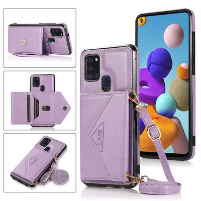 Darmowade Samsung Galaxy A21s lompakkokotelo kortinpidikkeellä, jalustalla, hihna naisille Crossbody-kotelo Pu nahkakansi violetti