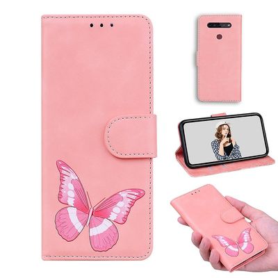 Etui til Lg K41s / K51s Butterfly Cover Premium Læder Magnetisk- Pink