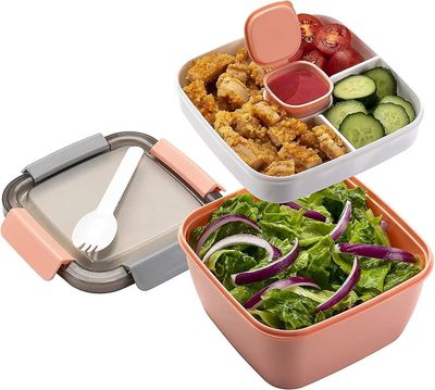 Lounaslaatikko Vuotamaton Bento Box -salaattisäiliö, jossa on kastikesäiliö 3 osastoa Salaatti laatikko-to-go salaatteihin ja välipalojin, lounasla...