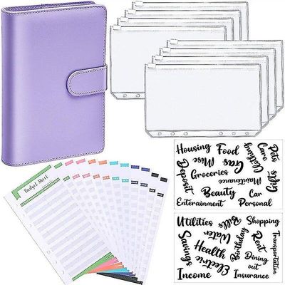 A6 Binder Budget Planner Notebook Dækker Mappe Størrelse 6 hul lommer Plast Lynlås Penge Saving Envelope Lilla