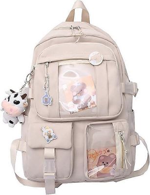 Baicccf Kawaii-reppu söpöillä pin-lisävarusteilla Muhkea riipus Kawaii School -reppu Söpö esteettinen reppu-beige