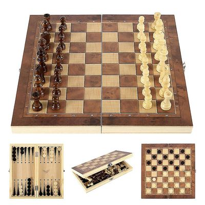 Mikasa 3 I 1 træ internationalt skakspil Backgammon brætspil Brikker Puslespil 29x29cm