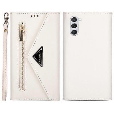 Yhteensopiva Samsung Galaxy S23 Plus -vetoketjutaskun PU-nahkakotelon kanssa lompakkoteline ihon kosketus puhelimen kansi lyhyellä + pitkällä Valko...