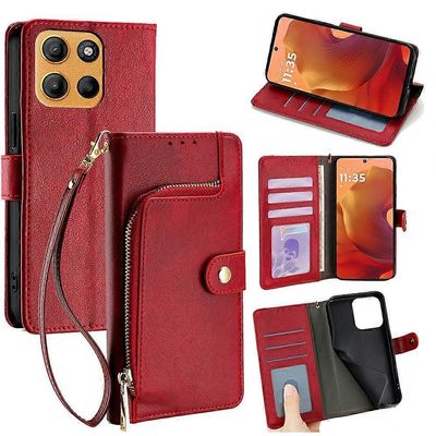 varten Motorola Moto G15 Power 4G G15 4G Kotelo Vetoketjullinen Tasku PU Nahkainen Lompakko Flip Puhelimen Kansi - Punainen Monivärinen Red