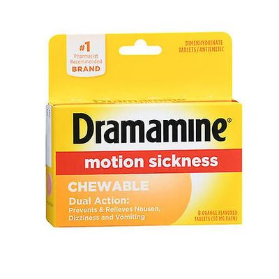 Med Tech Products Med Tech -tuotteet Dramamine Matkapahoinvoinnin lievitys Purutabletit, 50 mg, appelsiininmakuiset 8 välilehteä (2 kpl pakkaus)