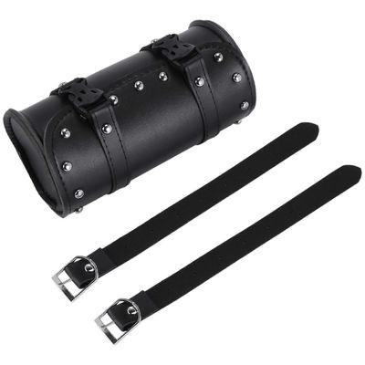 Moottoripyörän nahkainen yleistyökalu, pyöreä rullallinen satulalaukku, haarukka matkalaukkuun musta