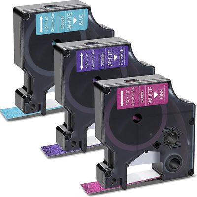 3-pakkaus DYMO COLORPOP -tarranauhaa, valkoinen tulostus siniselle/vaaleanpunaiselle/violetille kimallukselle, 12 mm, Label Maker -tulostimelle, La