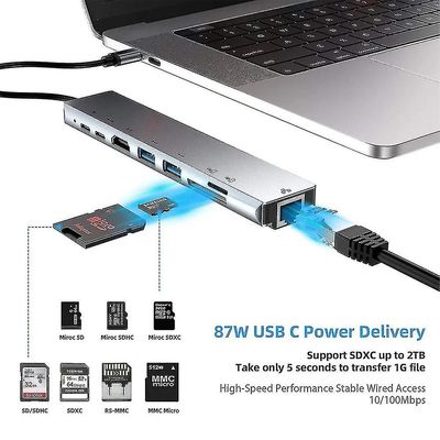 8in1 Type-c -keskitin Usb 3.0 Usb-c 4k Hdmi Lan Rj45 Sd Tf -monitoimisovitin Mac-kannettavalle