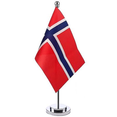 14x21cm Norges flag banner bord skrivebord stativ Det norske flag nationalskilt Norge Sølv