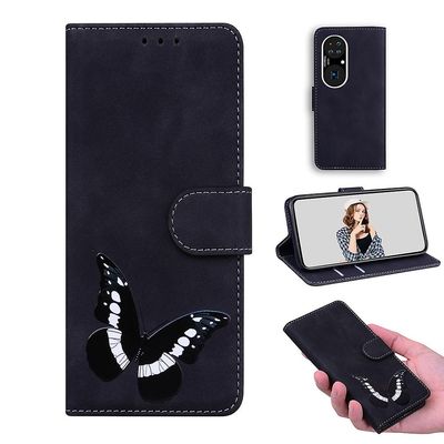 Etui til Huawei P50 Pro Butterfly Cover Premium Læder Magnetisk- Pink Sort