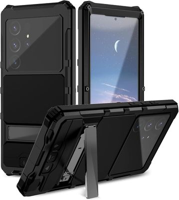 Lelinker Raskas metallinen sotilasluokan puhelinkotelo sisäänrakennetulle Samsung Galaxy S24 Ultra -näytön linssisuojalle Musta