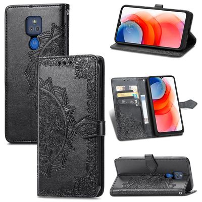Etui til Motorola Moto G Play 2021 Cover Læder Tegnebog Cover Prægning Mandala Magnetisk Flip Beskyttelse Stødsikker - Sort