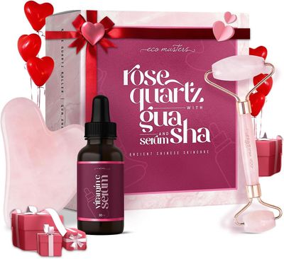 Eco Masters Ruusukvartsirulla & Gua Sha -setti C-vitamiiniseerumilla - 100% aito luonnollinen hierontalaite