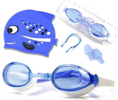 Handuo 4pcs Silikone Svømning Beskyttelsesbriller Swimming Cap Set blå1
