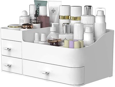 Linkrunning Design Makeup Organizer med skuffer, Chic Bordplade Opbevaring til Kosmetik Elegant Forfængelighed Holder for børster, øjenskygge, Loti...