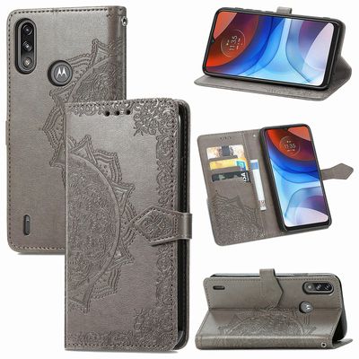 Etui til Motorola Moto E7 Power Cover Læder tegnebogsdæksel Præget Mandala magnetisk flipbeskyttelse Stødsikker - Grå