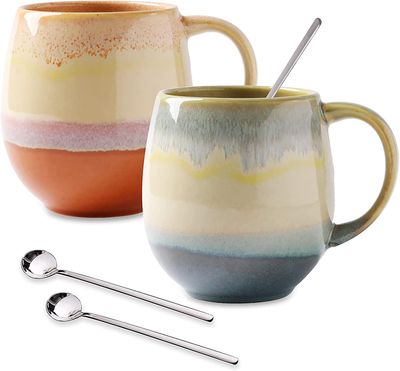 Linkrunning Store kaffekrus 16 oz til mænd / kvinder, Vivimme kaffekrus sæt med skeer, 2-pak keramisk tekrus til suppe, varm kakao, sjove tekopper ...
