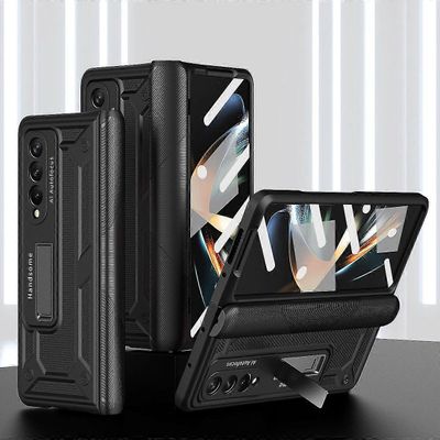 Galaxy Z Fold 5 -kotelo, raskas saranasuojakotelo Samsung Galaxy Z Fold 5:lle jalustalla ja näytönsuojalla Musta