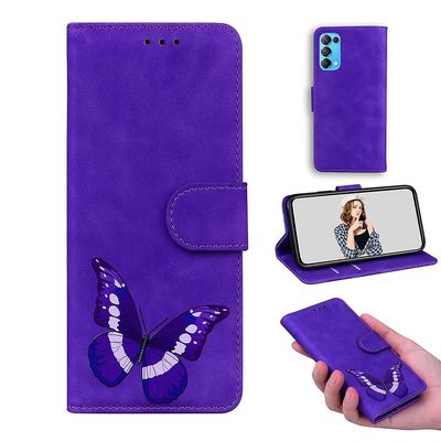 Etui til Oppo Reno 5 5g Butterfly Cover Premium Læder Magnetisk- Pink Lilla