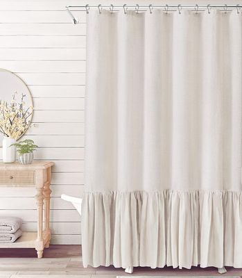 Heytea maalaistalon suihkuverho röyhelöhelmalla, kermanvärinen pellavasuihkuverho kylpyhuoneeseen, luonnollinen, 182,88 cm x 182,88 cm