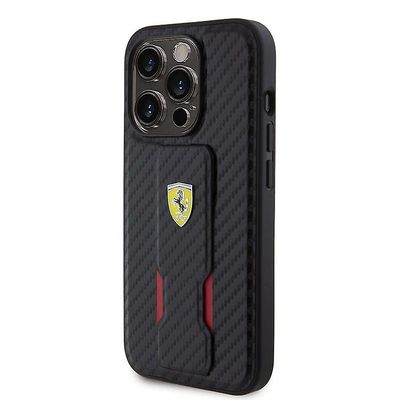 Ferrari Carbon Grip Stand Case Cover for iPhone 15 Pro Max - Svart