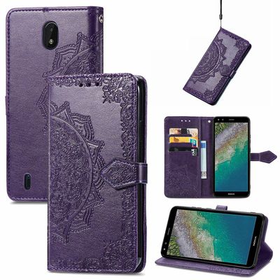 Etui til Nokia C01 Plus Cover Læder Tegnebog Cover Prægning Mandala Magnetisk Flip Protection Stødsikker - Violet