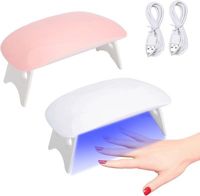 2 bärbara nagellampor med 2 USB-sladdar, mini gel manikyr härdning lampa, vikbar nageltork, diy nagelsalong mus fototerapi lampa (rosa, vit)