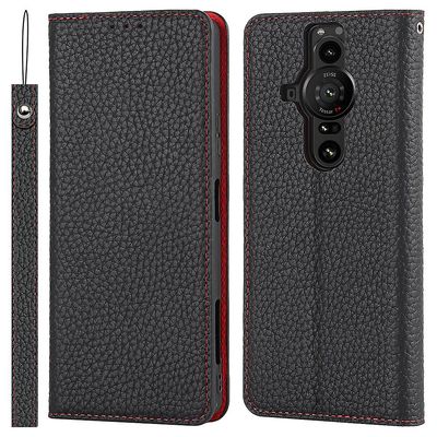 Sony Xperia Pro-i koko vartalon suojaus litsi tekstuuri aito nahkakotelo lompakkoteline käännettävä kansikuori hihnalla Musta