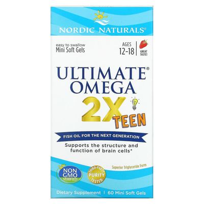 Nordic Naturals, Ultimate Omega 2X Teen, 12-18-vuotiaat, mansikka, 60 minipehmeää geeliä