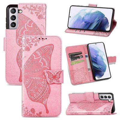 Gangxun Kompatibel med Samsung Galaxy S21 Case Flip Cover Emboss Butterfly Soft Tpu Stødsikker Shell Slim - Pink