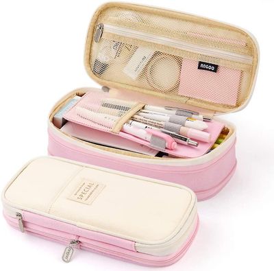 Linkrunning Stor kapacitet blyantpen taske kontor college skole stor opbevaring høj kapacitet taske pose holder boks arrangør blå (pink)