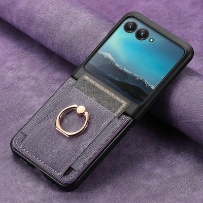 Nahkainen tekstuuri retro puhelinkotelo Motorola Razr 50 Ultra / Razr 50: lle korttipaikalla ja renkaalla Violetti