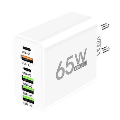65 W USB-laturi 6-porttinen PD Type C -pikalataussovitin iPhone 13 14 15 Samsung Xiaomi Huawei matkapuhelimen seinäpikalaturille valkoinen EU Plug